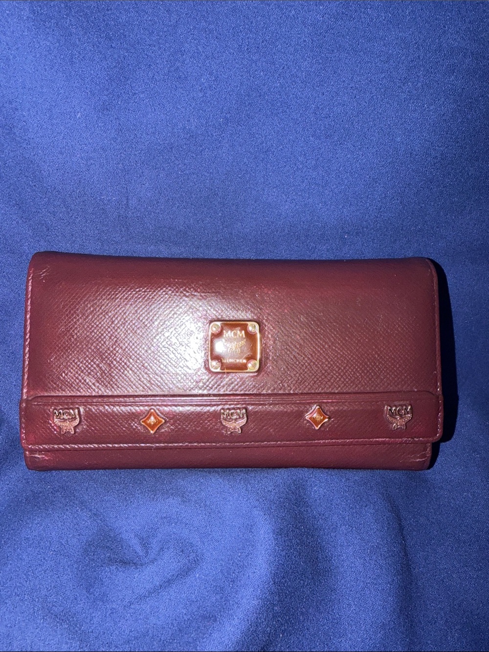 MCM Wine Red Leather Continental Clutch Wallet with Gold Plaque